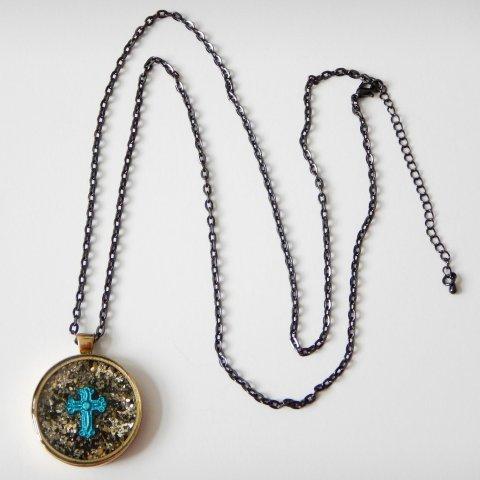 Blue Cross with Gold Dust - Resin Necklace