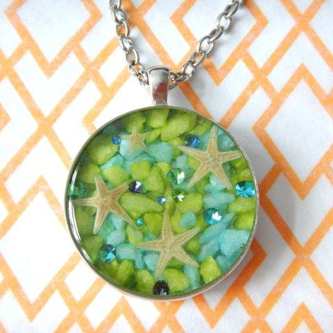 Starfish Crystals (Teal/Lime Rocks) - Resin Necklace