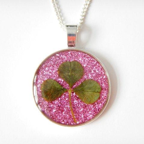 Pink Glitter Clover - Resin Necklace