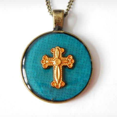 Gold Cross (Teal Background) - Resin Necklace
